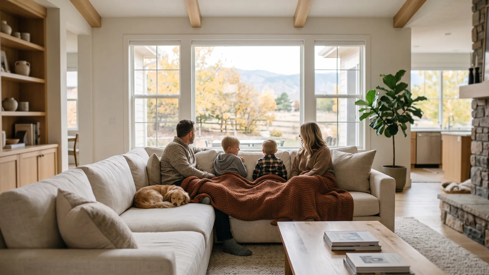 A family and their dog relaxing together on a sofa in a clean, sunlit living room
