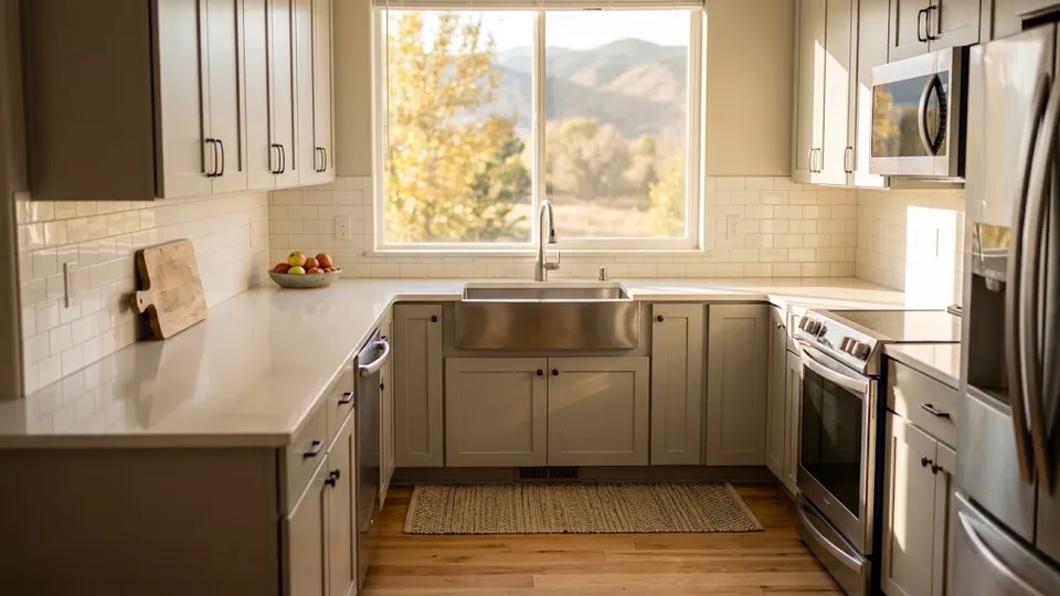 A sunlit kitchen with clear counters, a farmhouse sink, and autumn trees and mountains beyond the window