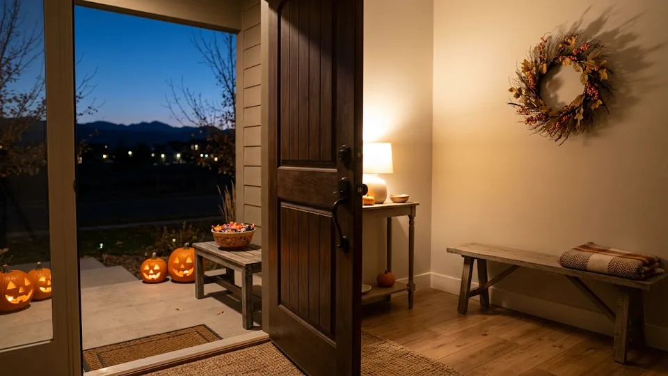An open front door at dusk with glowing jack-o'-lanterns, a candy bowl, and a welcoming autumn entryway