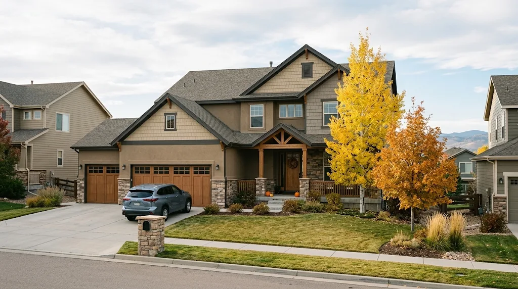 A suburban home with a driveway and golden autumn trees