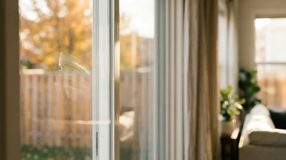 Sunlight on a living-room window with visible streaks and autumn trees outside