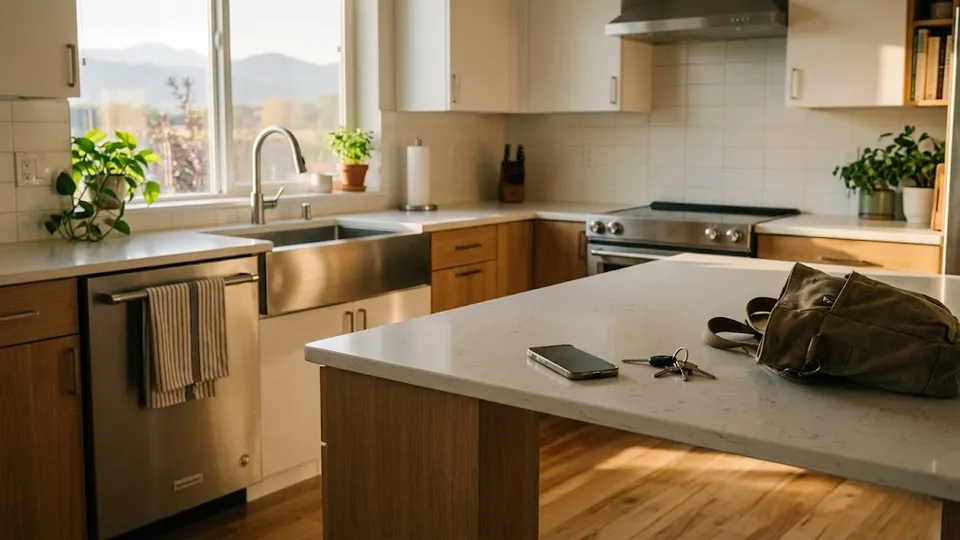 A sunlit kitchen with clean counters, a farmhouse sink, and a bag, phone, and keys on the island